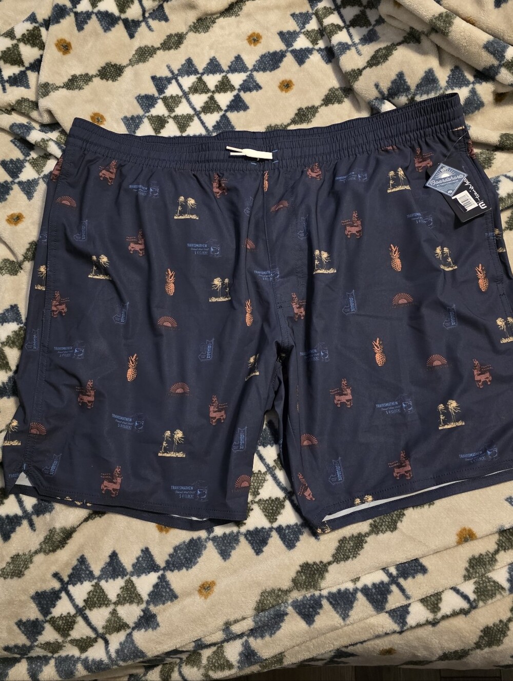 Travis Mathew Navy Blue Patterned Swim Board Shorts